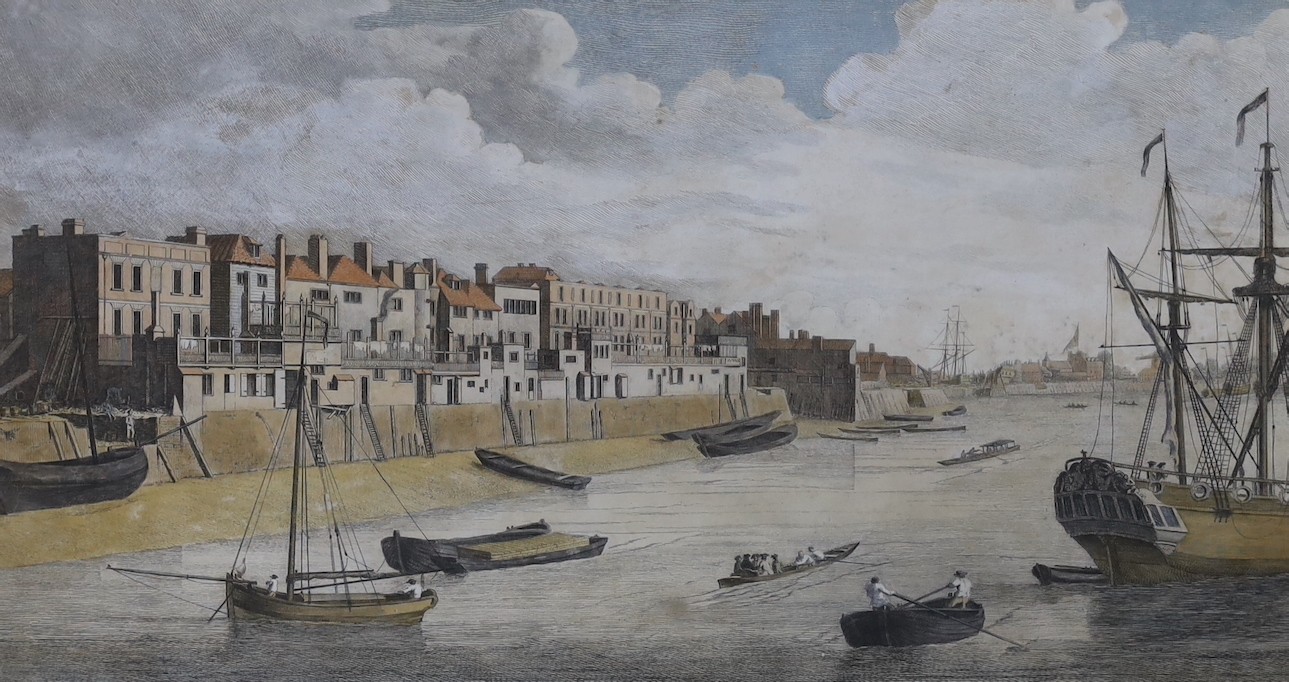 John Boydell, three hand coloured engravings, 'A view near Limehouse Bridge', 'Westminster Bridge' and 'Blackwall', 23 x 41cm